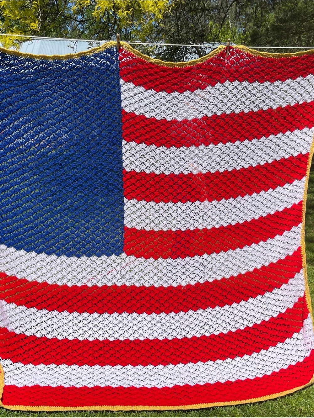 Handmade American Flag Crochet Throw Blanket - Red, White & Blue